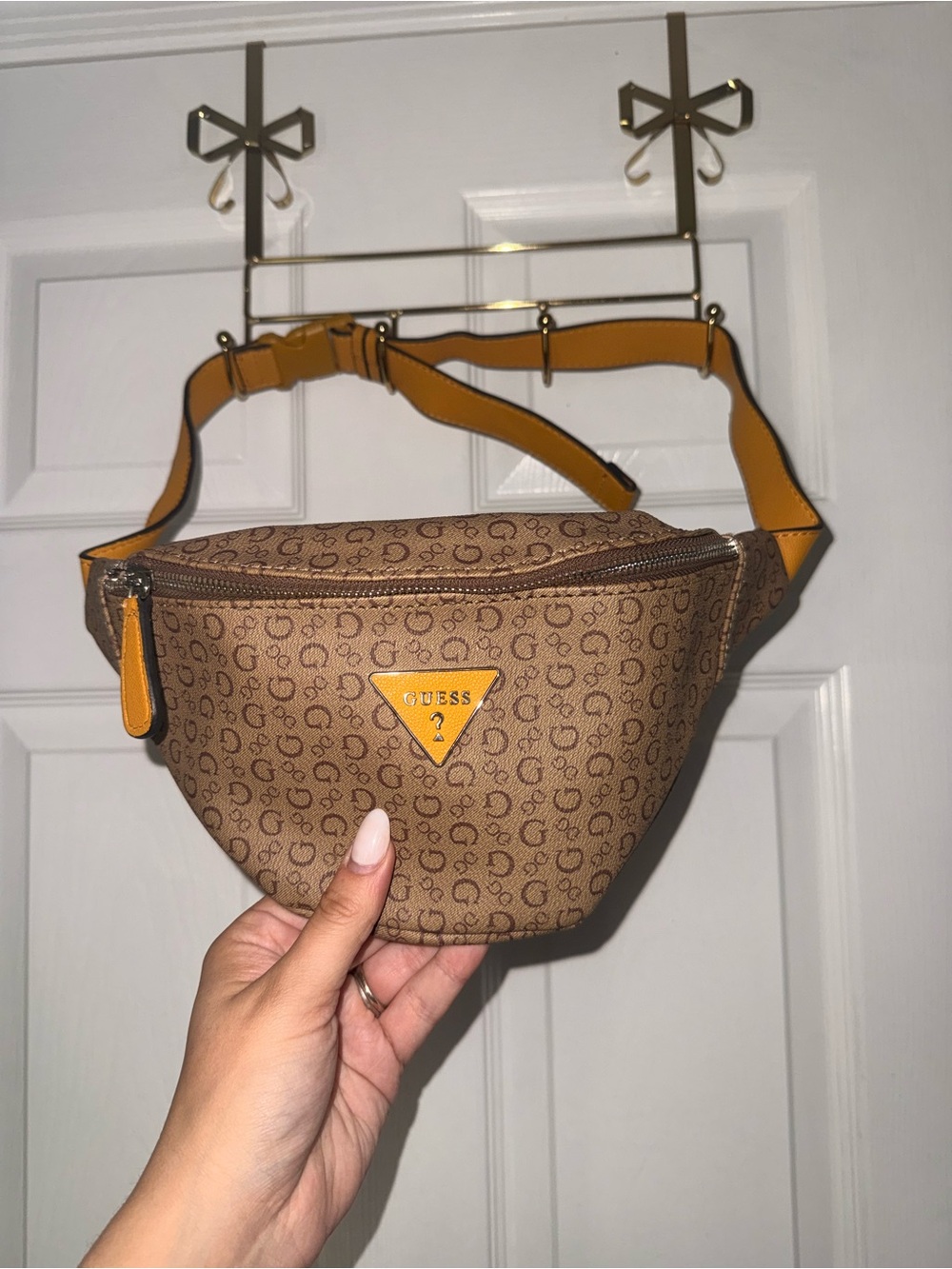 GUESS Brown Monogram Crossbody Belt Bag with Yellow Trim
